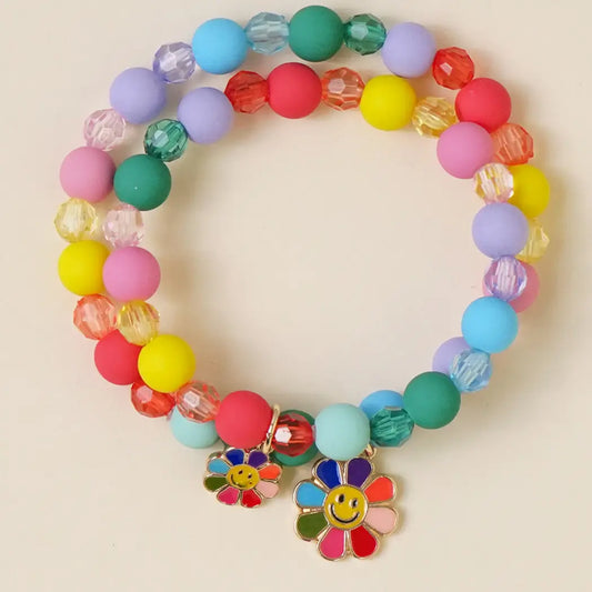 Rainbow Enamel Daisy Smiley Face Beaded Bracelet Adult and Kids Set