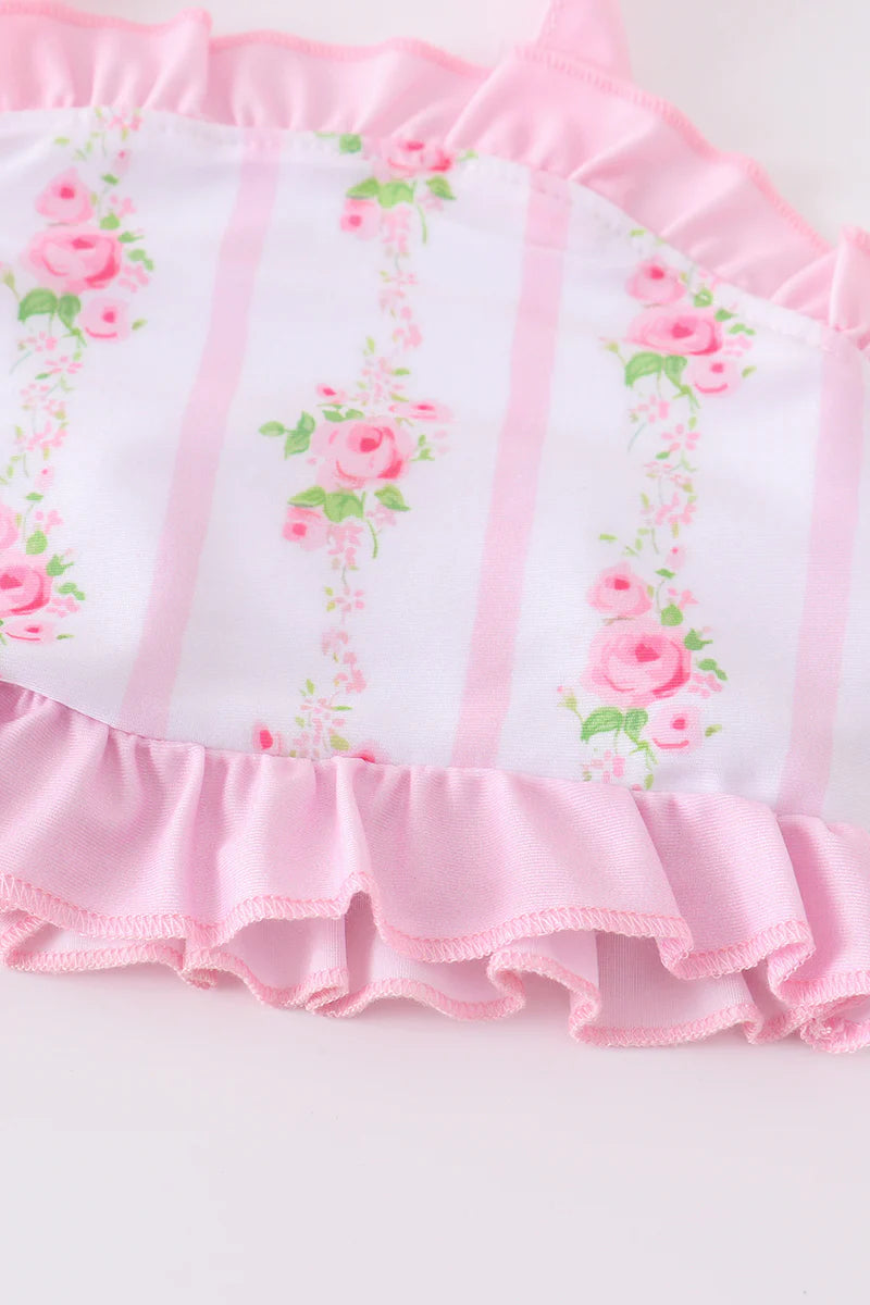 Vintage Rose Blush Pink Floral Print Ruffle 2pc Toddler Girl Swimsuit