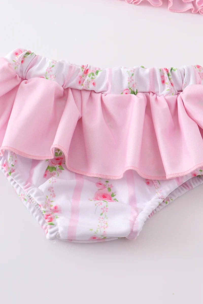 Vintage Rose Blush Pink Floral Print Ruffle 2pc Toddler Girl Swimsuit