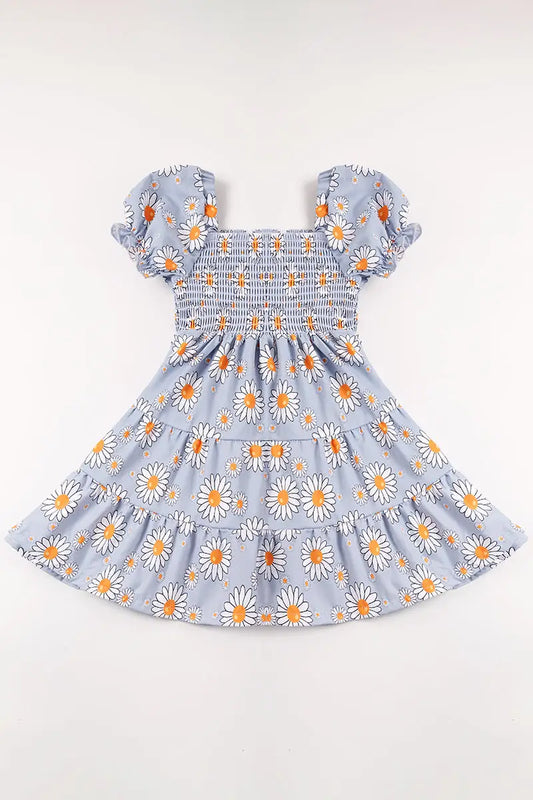 Silver Blue Smocked Floral Print Dress