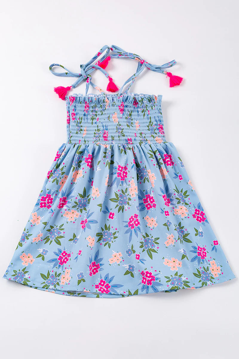 Flower Fields Steel Blue Smocked Toddler Girl Dress