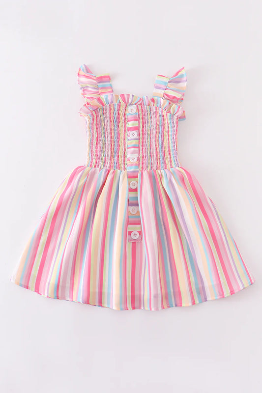 Candy Cane Pink Striped Smocked Ruffle Toddler Girl Dress