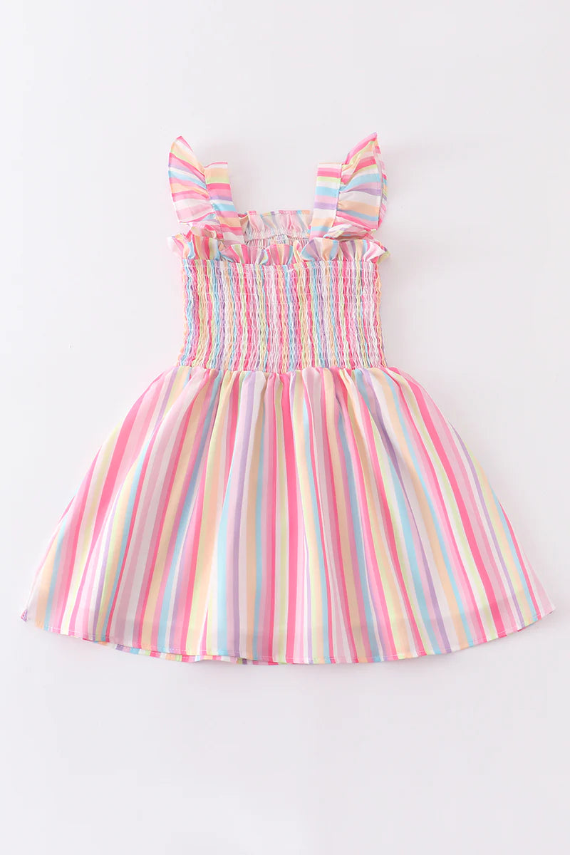 Candy Cane Pink Striped Smocked Ruffle Toddler Girl Dress