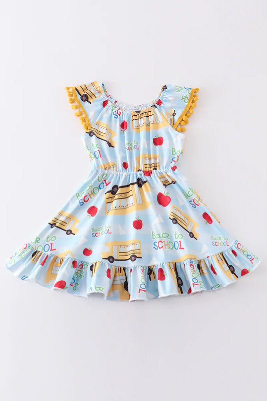 Back to School Baby Blue Pom Pom Toddler Girl Dress