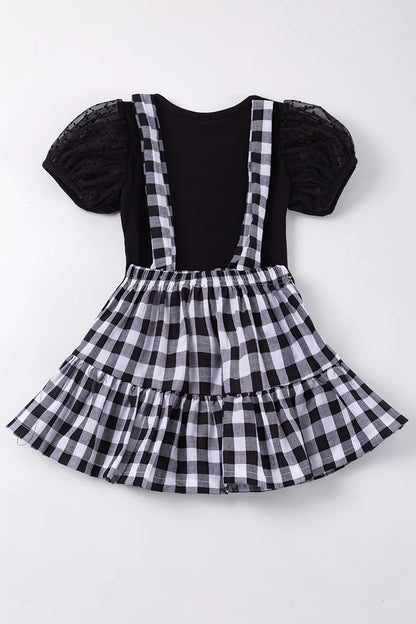 Spell on You Midnight Black Checked Plaid Strap Toddler Girl Dress Set