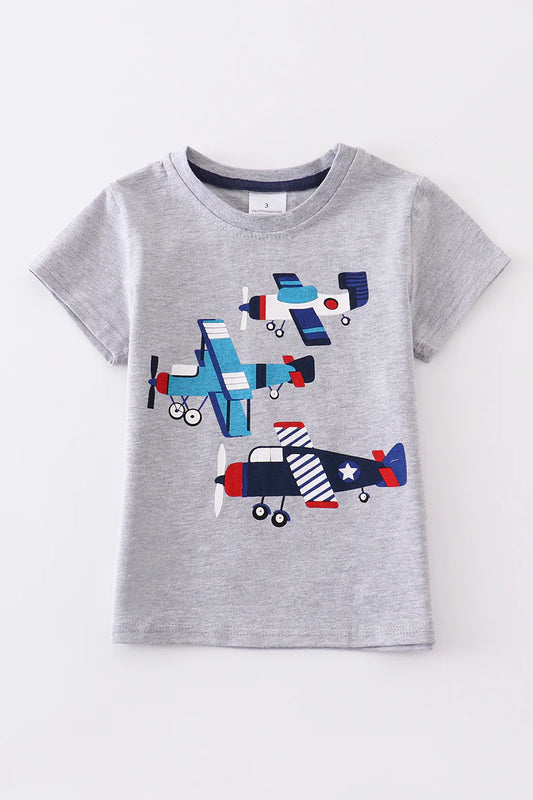 Roger Light Grey Plane Print Toddler Boy T-shirt