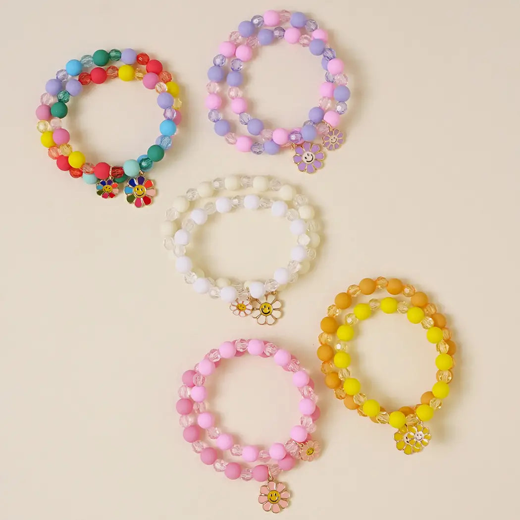 Rainbow Enamel Daisy Smiley Face Beaded Bracelet Adult and Kids Set