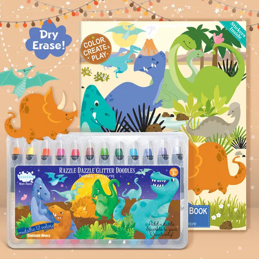 Set regalo per libro da colorare con dinosauro glitterato cancellabile a secco
