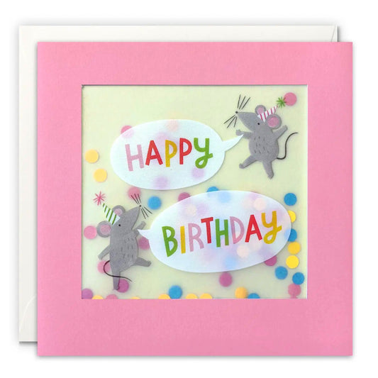 Biglietto d'auguri di compleanno con coriandoli di carta per topi di compleanno
