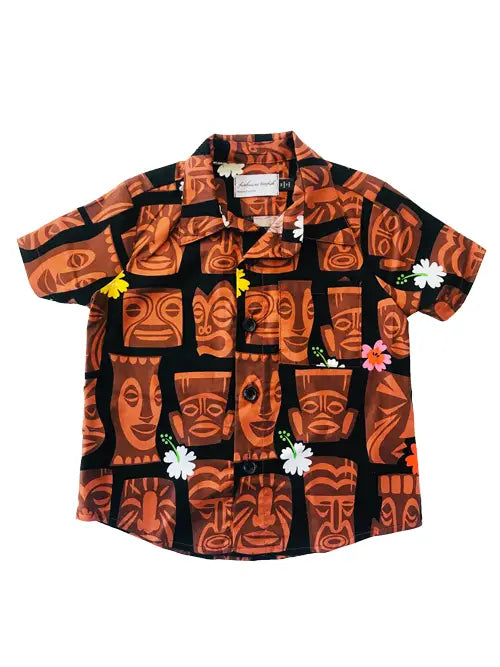 Russet Brown and Black Tiki Hawaiian Shirt