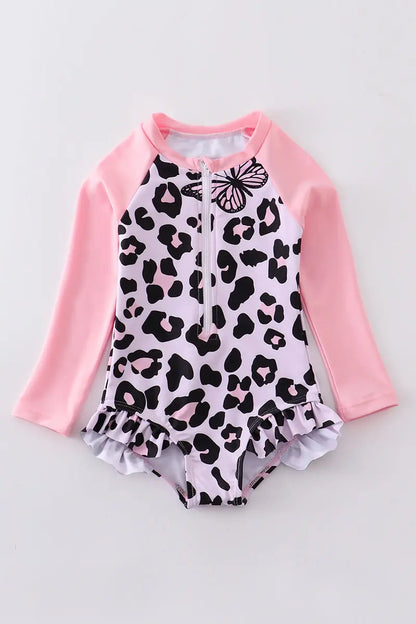 Baby Pink Leopard Long Sleeve Ruffled Rash Guard Toddler Swimsuit