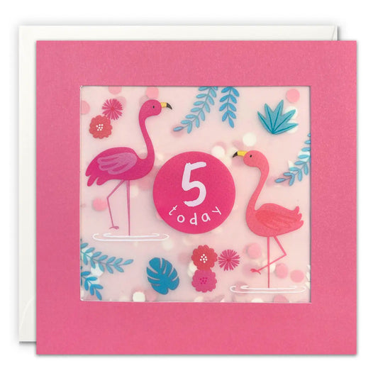 Age 5 Flamingos Paper Confetti Birthday Greeting Card