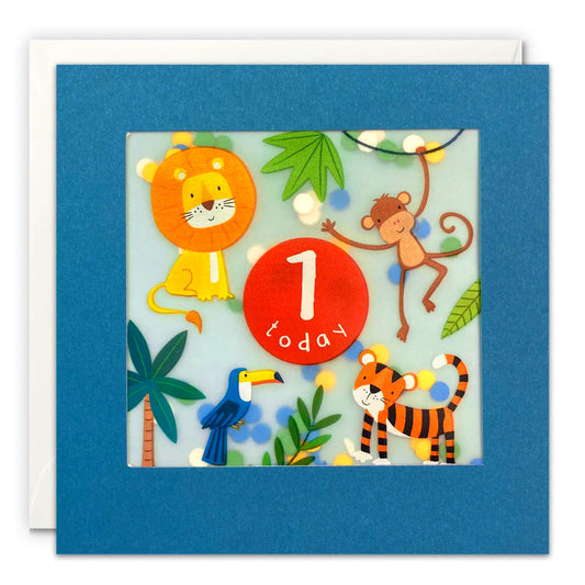 Age 1 Blue Jungle Paper Confetti Birthday Greeting Card