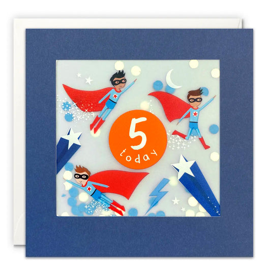 Age 5 Super Heroes Paper Confetti Birthday Greeting Card