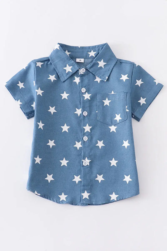 Denim Blue Star Pocket Button Down Short-Sleeve Shirt
