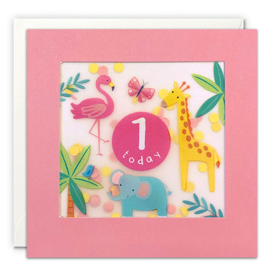 Age 1 Pink Jungle Paper Confetti Birthday Greeting Card