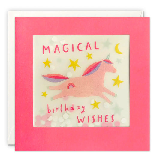 Biglietto d'auguri di compleanno con coriandoli di carta unicorno magico