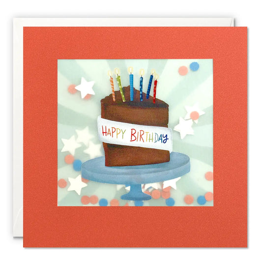 Biglietto d'auguri di coriandoli di carta per torta al cioccolato di compleanno