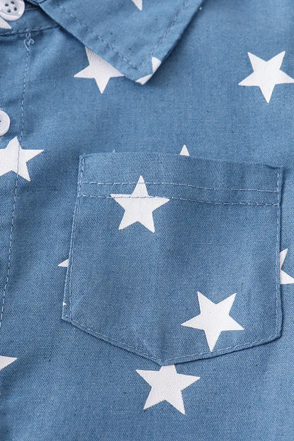 Denim Blue Star Pocket Button Down Short-Sleeve Shirt