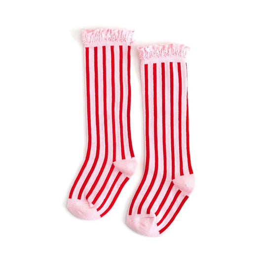 Candy Cane Striped Lace Top Knee High Toddler Socks